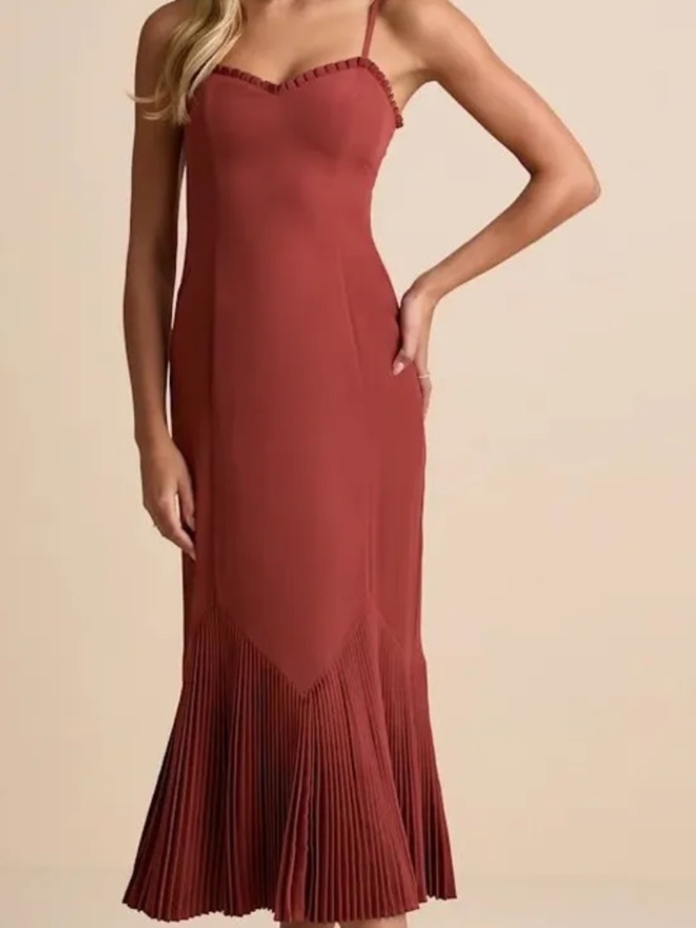 Lulus Chana Rust Red Pleated Hem Midi Dress
